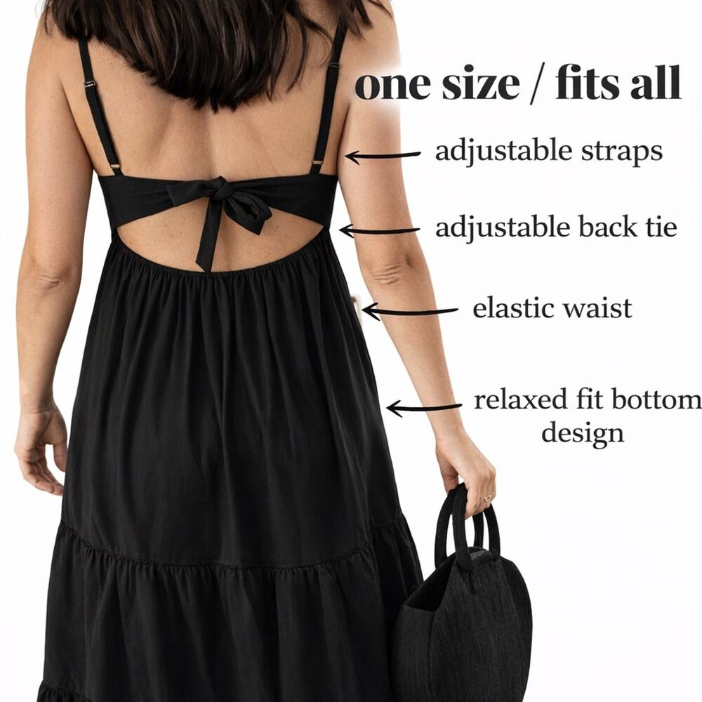 Boho Black Maxi Dress Organic Cotton Tiered Open Back Adjustable Straps Fits S-L - Picture 7 of 8